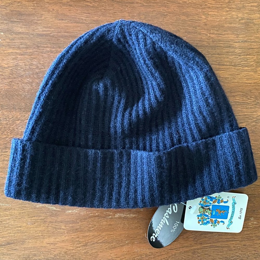 NEW Portolano Italy 100% Cashmere Ribbed Hat Cap, Navy Blue Beanie